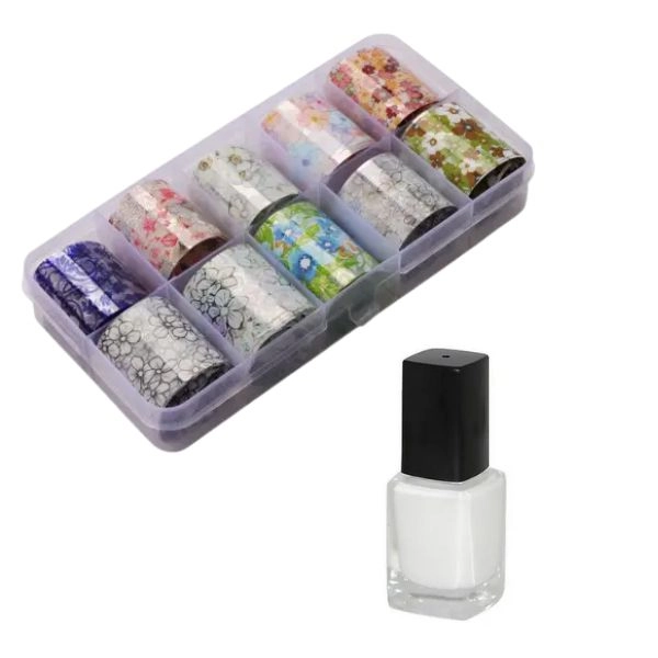 Set folii decorative pentru unghii - 10 buc + lipici