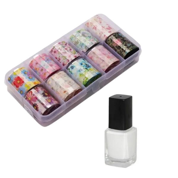 Set folii decorative pentru unghii - 10 buc + lipici